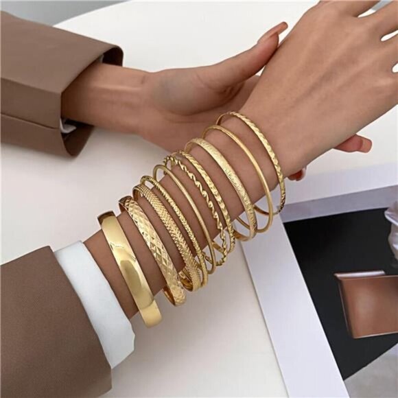 Gold Bracelets for Women, 14K Gold Plated Dainty Layered Chain Bracelets Bangles - Picture 3 of 6